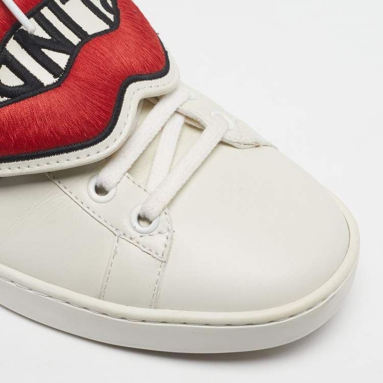 Pre Owned Gucci Ace Size 38.5 Cream/Red Leather and Python Embossed Leather Lace Up Sneakers
