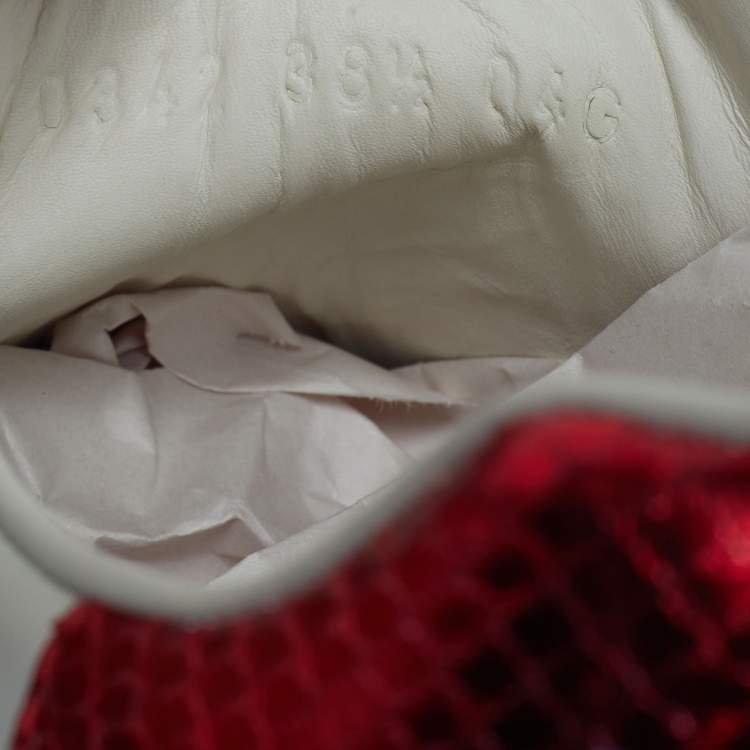 Pre Owned Gucci Ace Size 38.5 Cream/Red Leather and Python Embossed Leather Lace Up Sneakers