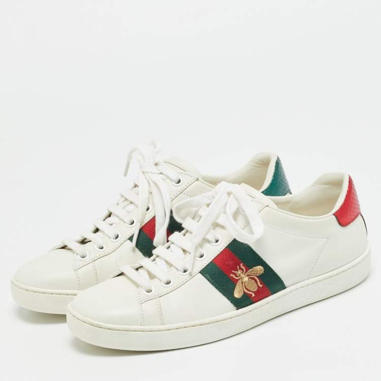 Pre Owned Gucci Ace Size 35 White Leather and Python Embossed Web Lace Up Sneakers