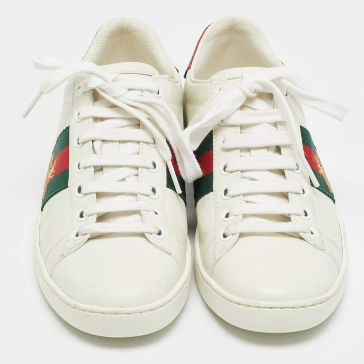Pre Owned Gucci Ace Size 35 White Leather and Python Embossed Web Lace Up Sneakers