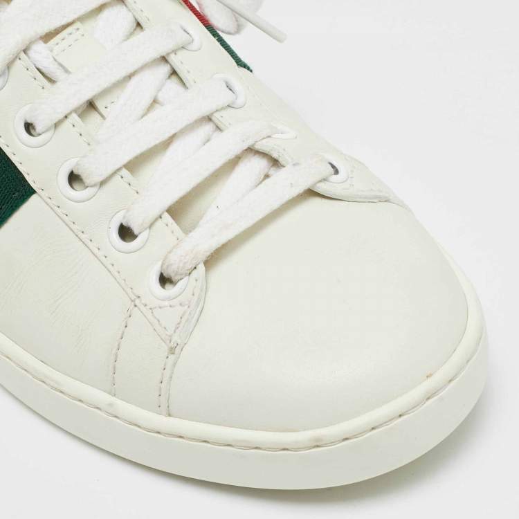 Pre Owned Gucci Ace Size 35 White Leather and Python Embossed Web Lace Up Sneakers