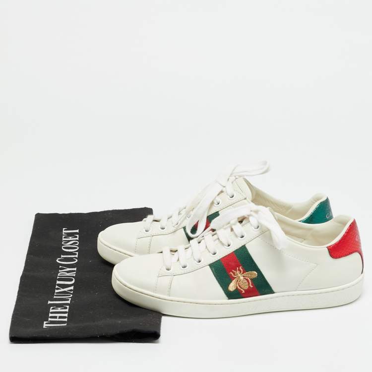 Pre Owned Gucci Ace Size 35 White Leather and Python Embossed Web Lace Up Sneakers