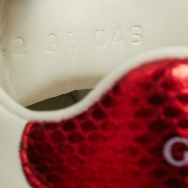 Pre Owned Gucci Ace Size 35 White Leather and Python Embossed Web Lace Up Sneakers