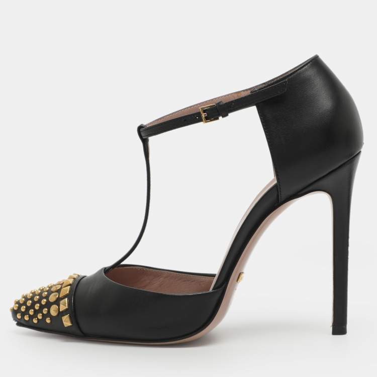 Pre Owned Gucci Coline Studded Size 35 Black Leather T Strap Pumps