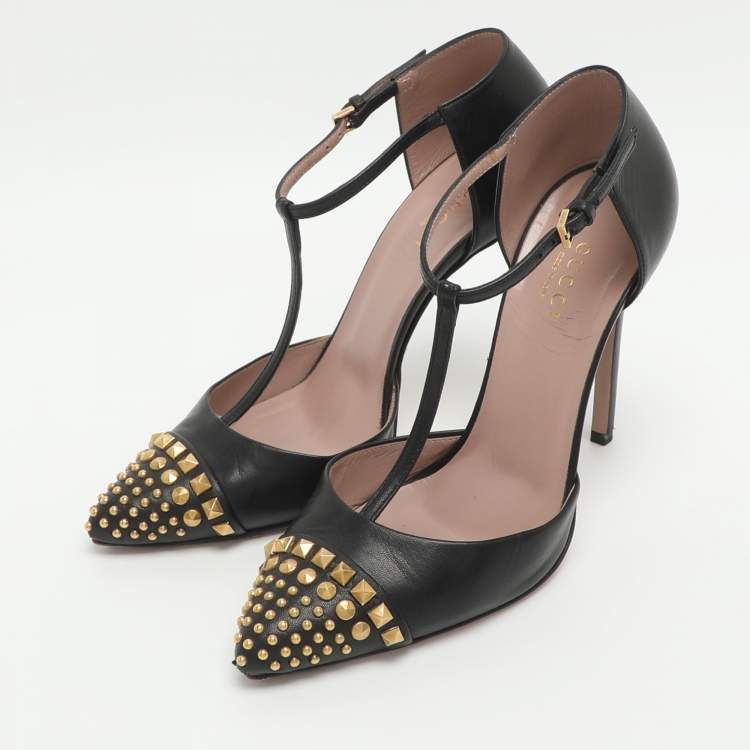 Pre Owned Gucci Coline Studded Size 35 Black Leather T Strap Pumps
