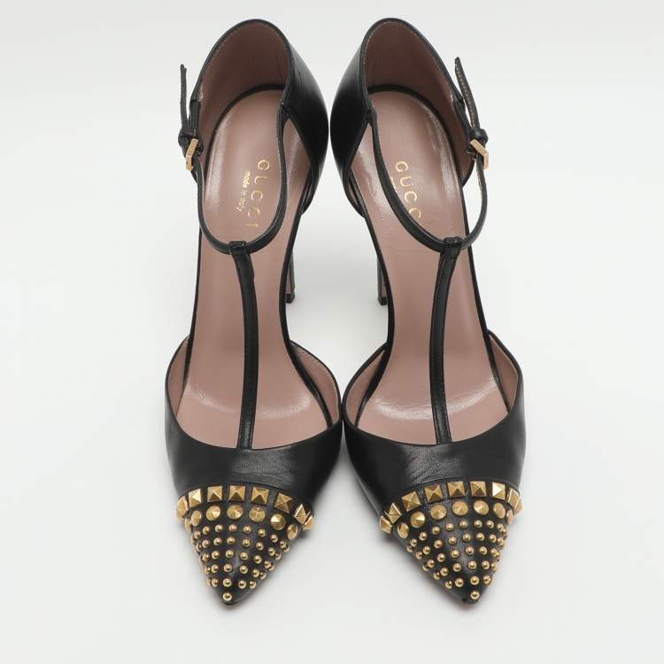 Pre Owned Gucci Coline Studded Size 35 Black Leather T Strap Pumps