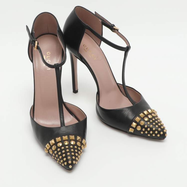 Pre Owned Gucci Coline Studded Size 35 Black Leather T Strap Pumps