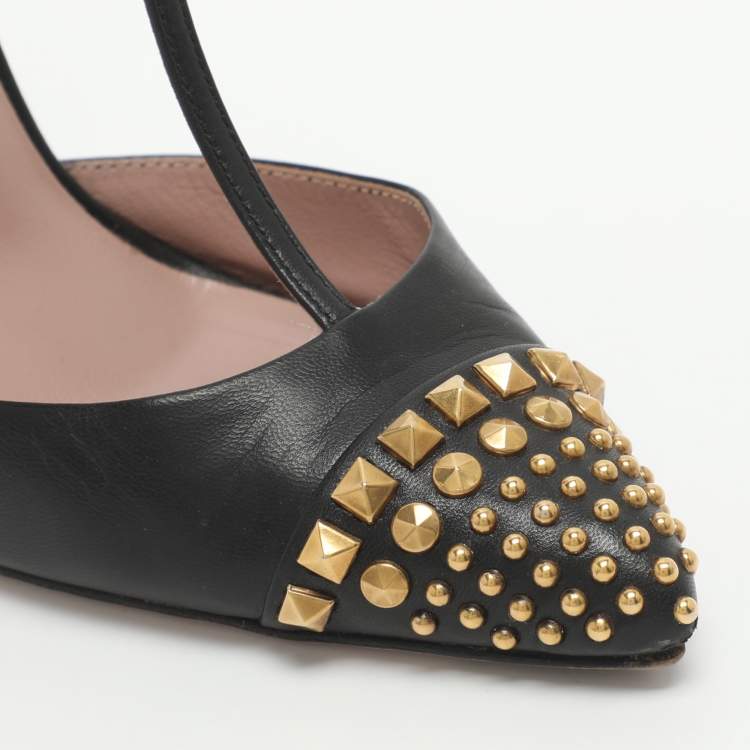 Pre Owned Gucci Coline Studded Size 35 Black Leather T Strap Pumps