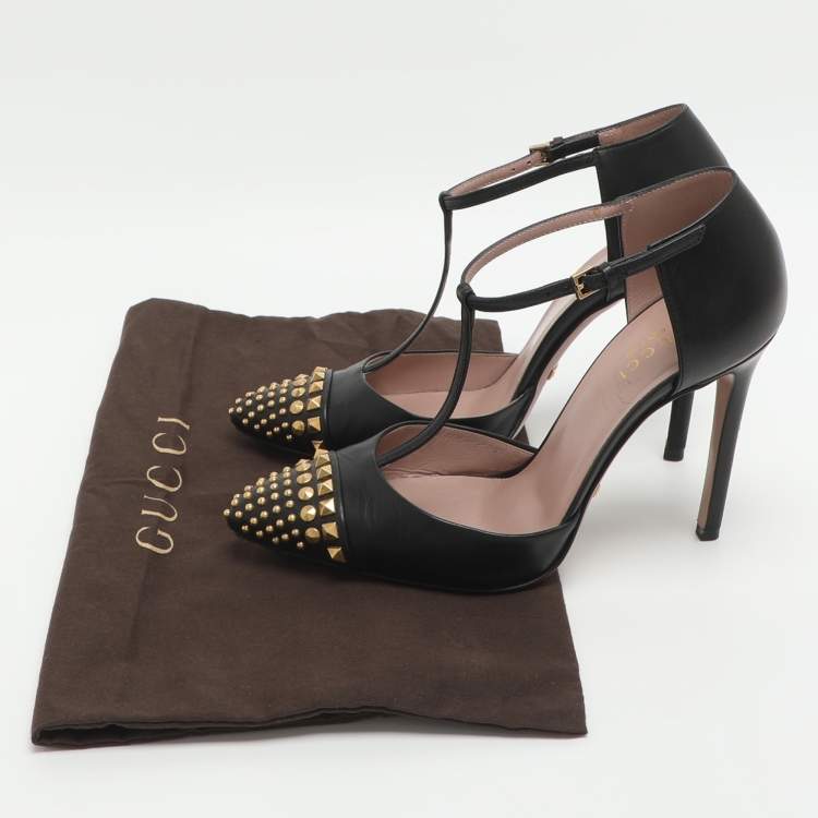 Pre Owned Gucci Coline Studded Size 35 Black Leather T Strap Pumps