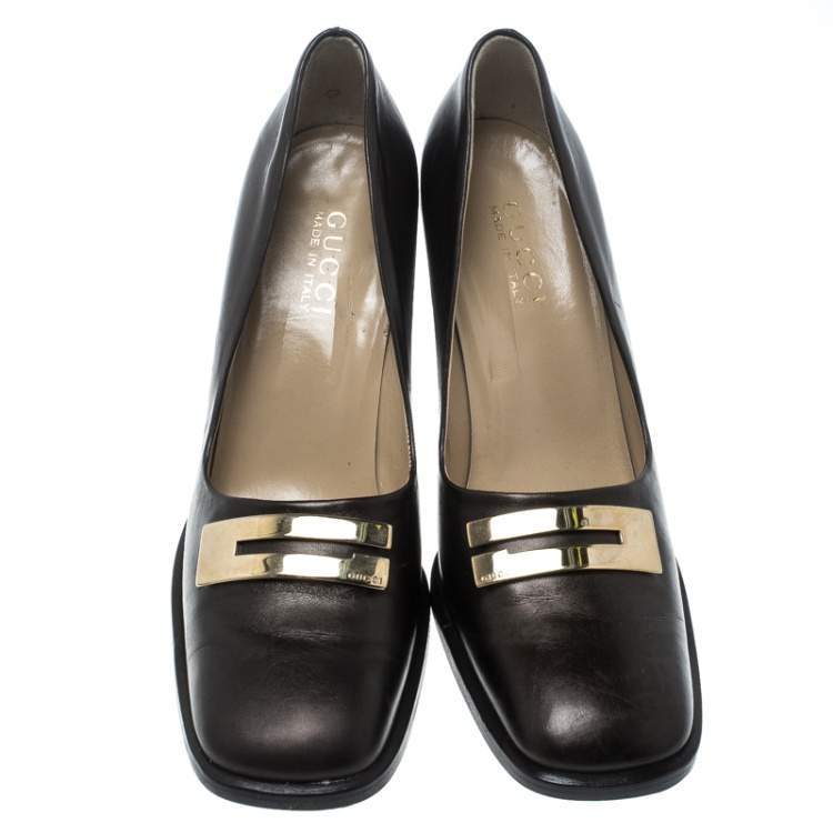Pre Owned Gucci Brown Leather Block Heel Square Toe Pumps Size 39