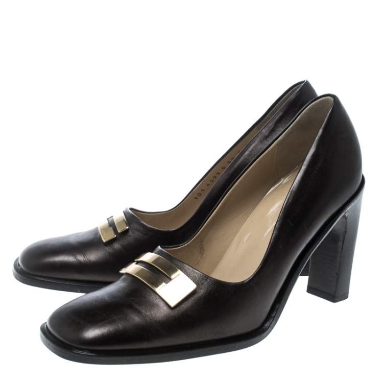 Pre Owned Gucci Brown Leather Block Heel Square Toe Pumps Size 39