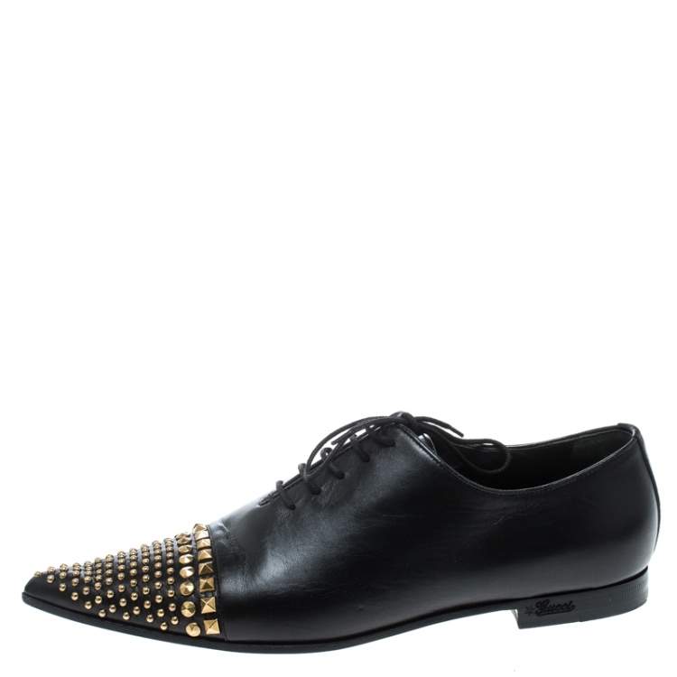 Pre Owned Gucci Black Leather Studded Pointed Toe Loafers Size 37