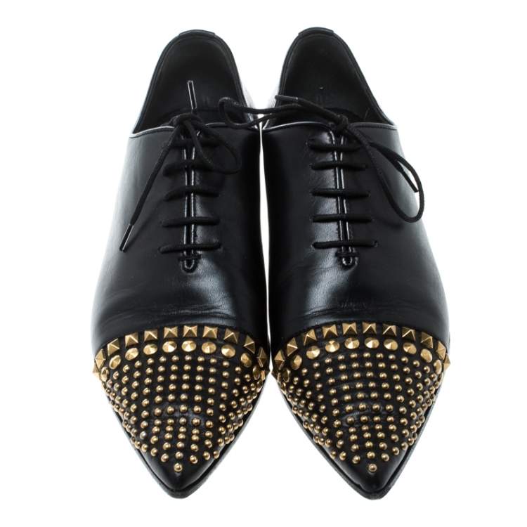 Pre Owned Gucci Black Leather Studded Pointed Toe Loafers Size 37