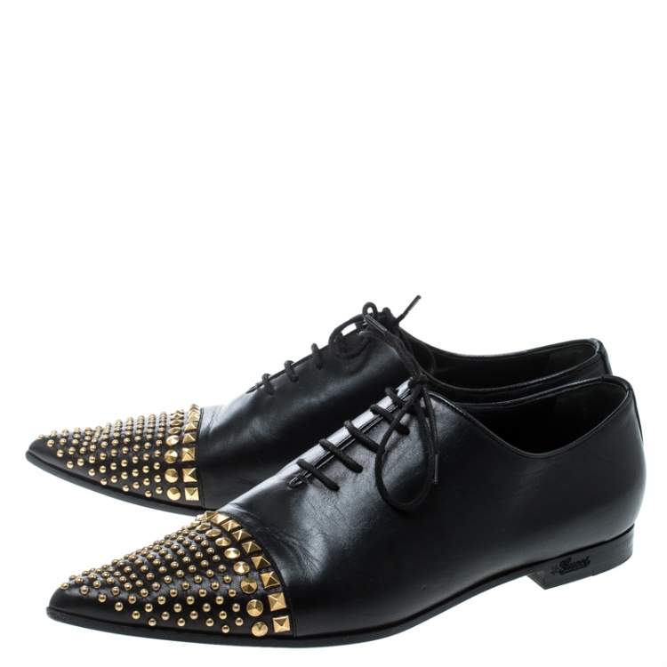 Pre Owned Gucci Black Leather Studded Pointed Toe Loafers Size 37