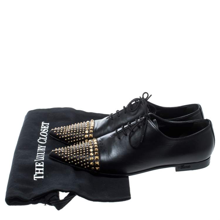 Pre Owned Gucci Black Leather Studded Pointed Toe Loafers Size 37