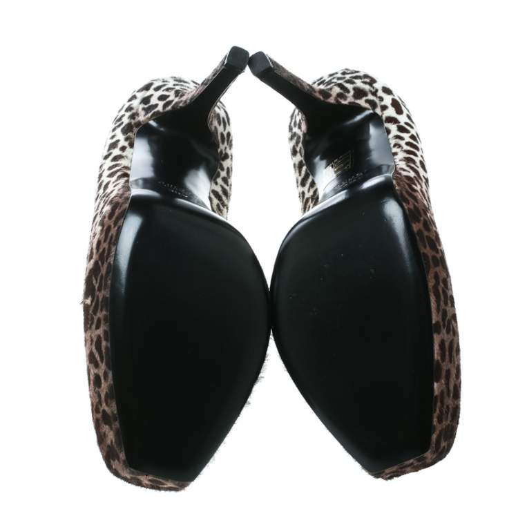 Pre Owned Gucci Brown Leopard Print Degradé Pony Hair Square Toe Platform Pumps Size 38.5