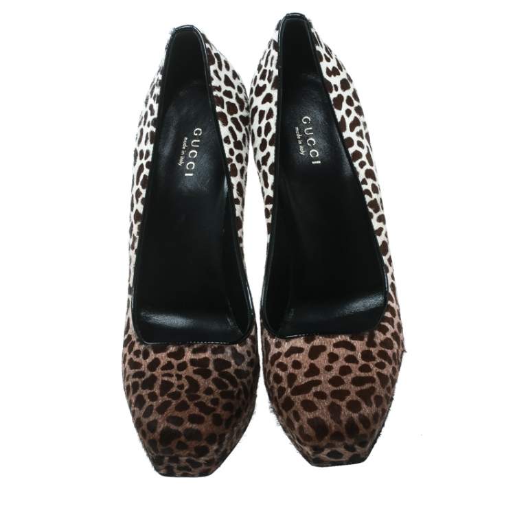 Pre Owned Gucci Brown Leopard Print Degradé Pony Hair Square Toe Platform Pumps Size 38.5