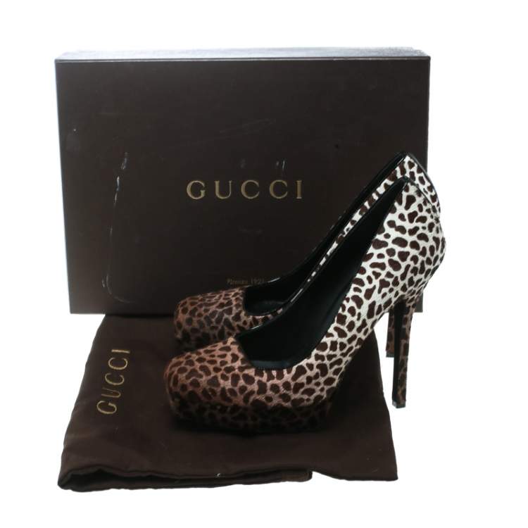 Pre Owned Gucci Brown Leopard Print Degradé Pony Hair Square Toe Platform Pumps Size 38.5