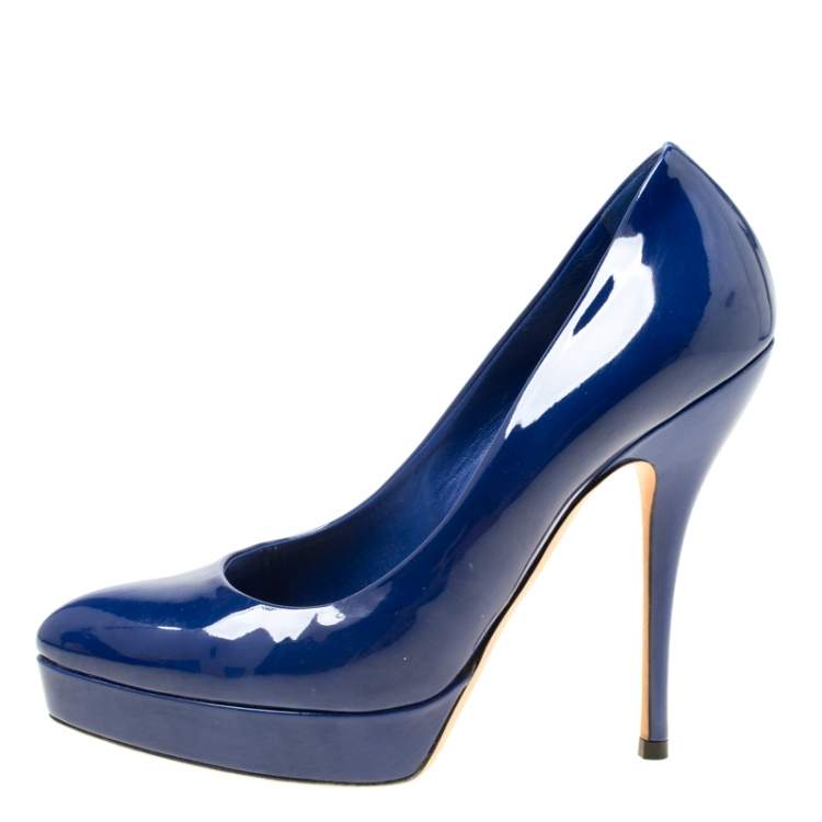Pre Owned Gucci Blue Patent Leather Platform Pumps Size 36.5
