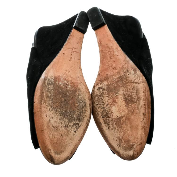 Pre Owned Céline Black Suede Leather Slingback Wedge Sandals Size 37