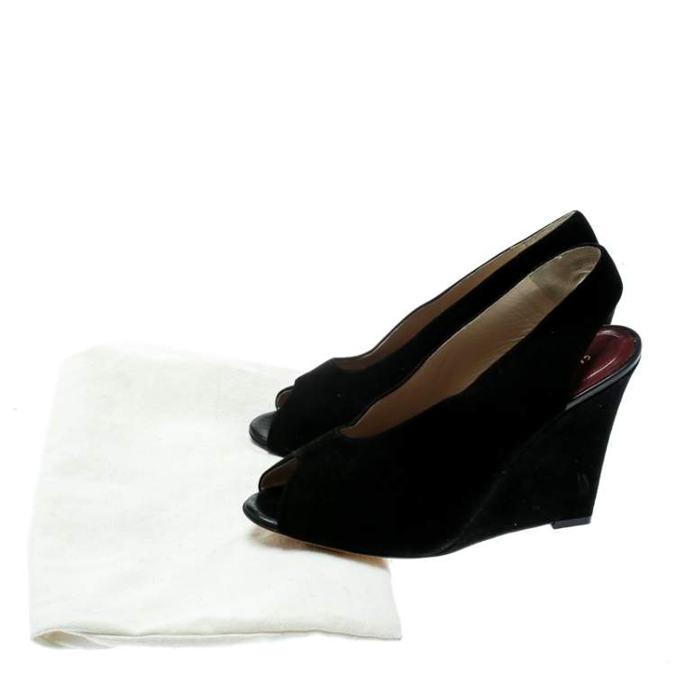 Pre Owned Céline Black Suede Leather Slingback Wedge Sandals Size 37