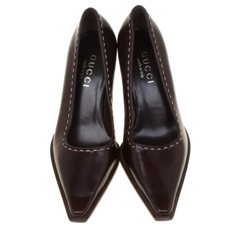 Pre Owned Gucci Brown Leather Pointed Toe Pumps Size 34