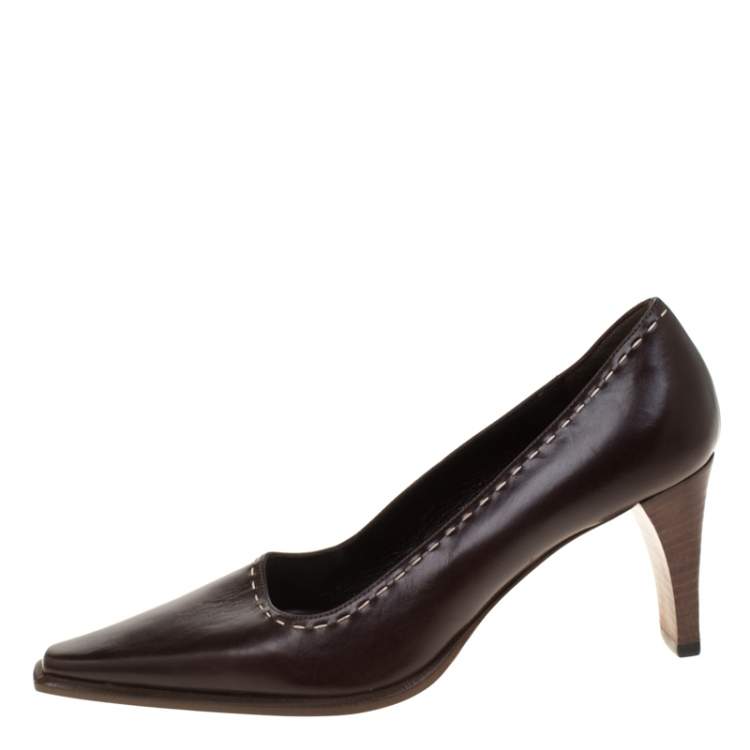Pre Owned Gucci Brown Leather Pointed Toe Pumps Size 34