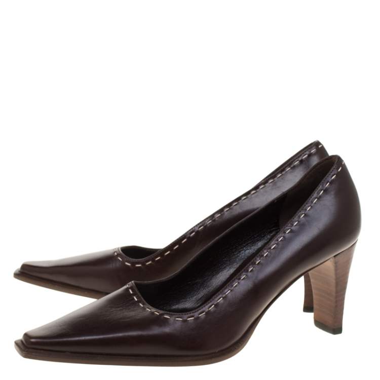 Pre Owned Gucci Brown Leather Pointed Toe Pumps Size 34
