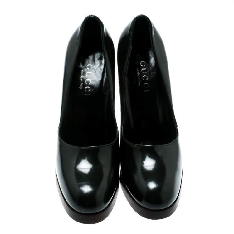Pre Owned Gucci Dark Grey Leather Block Heel Pumps Size 37