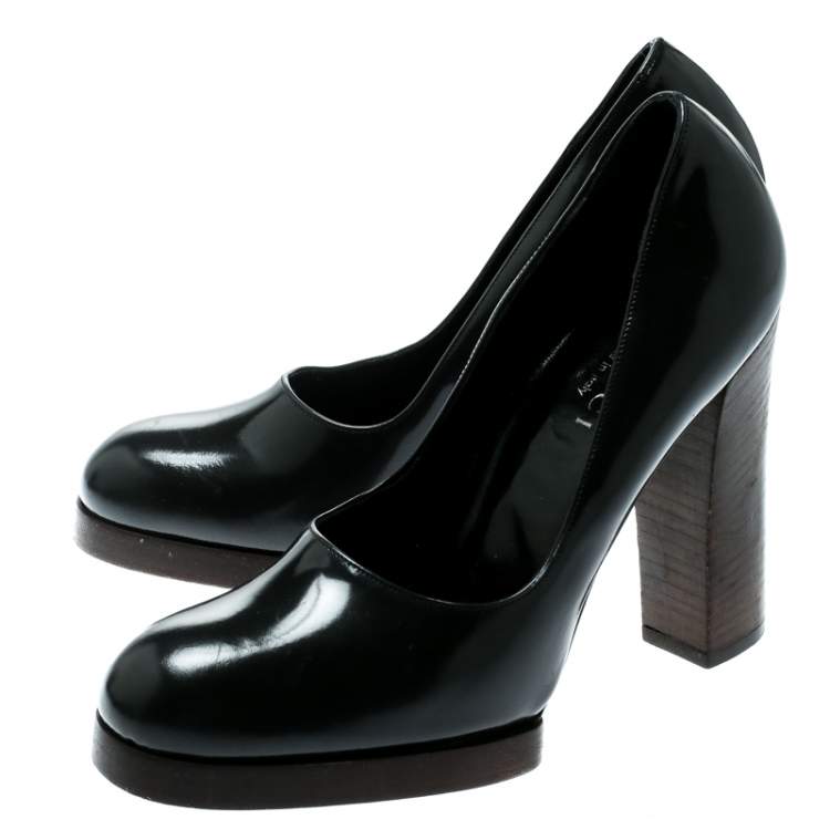 Pre Owned Gucci Dark Grey Leather Block Heel Pumps Size 37
