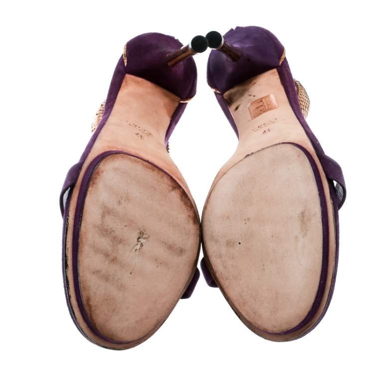 Pre Owned Gucci Purple Suede And Metallic Python Kelis Ankle Strap Sandals Size 41
