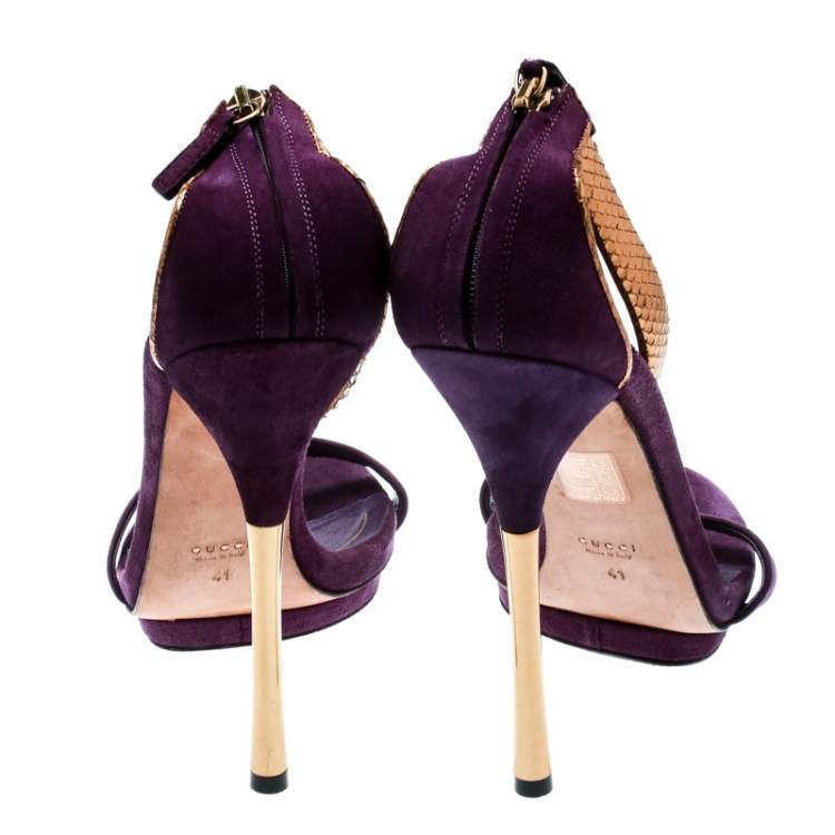 Pre Owned Gucci Purple Suede And Metallic Python Kelis Ankle Strap Sandals Size 41