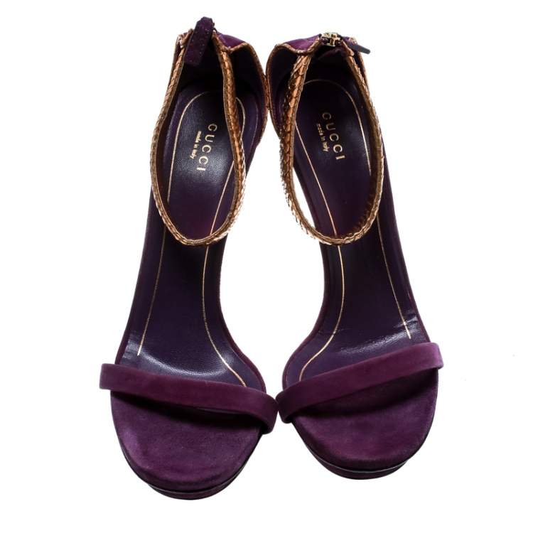 Pre Owned Gucci Purple Suede And Metallic Python Kelis Ankle Strap Sandals Size 41