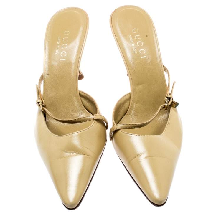 Pre Owned Gucci Beige Leather Pointed Toe Mules Size 37