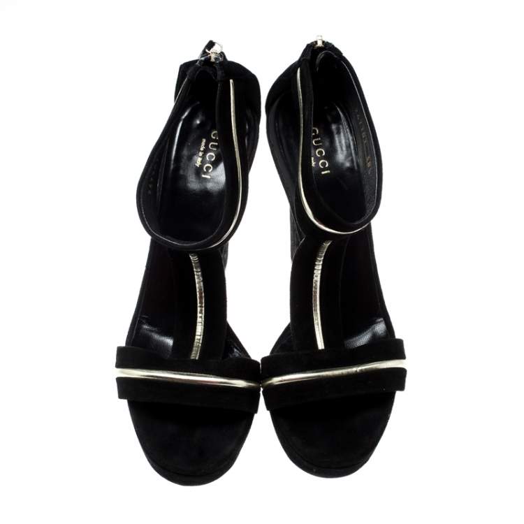 Pre Owned Gucci Black Suede And Leather T-Strap Platform Sandals Size 38.5