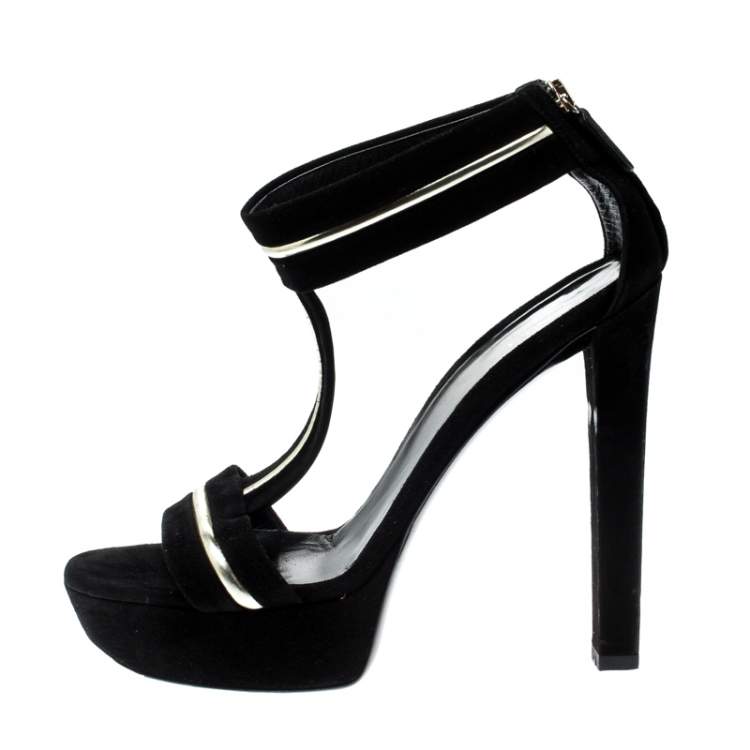 Pre Owned Gucci Black Suede And Leather T-Strap Platform Sandals Size 38.5