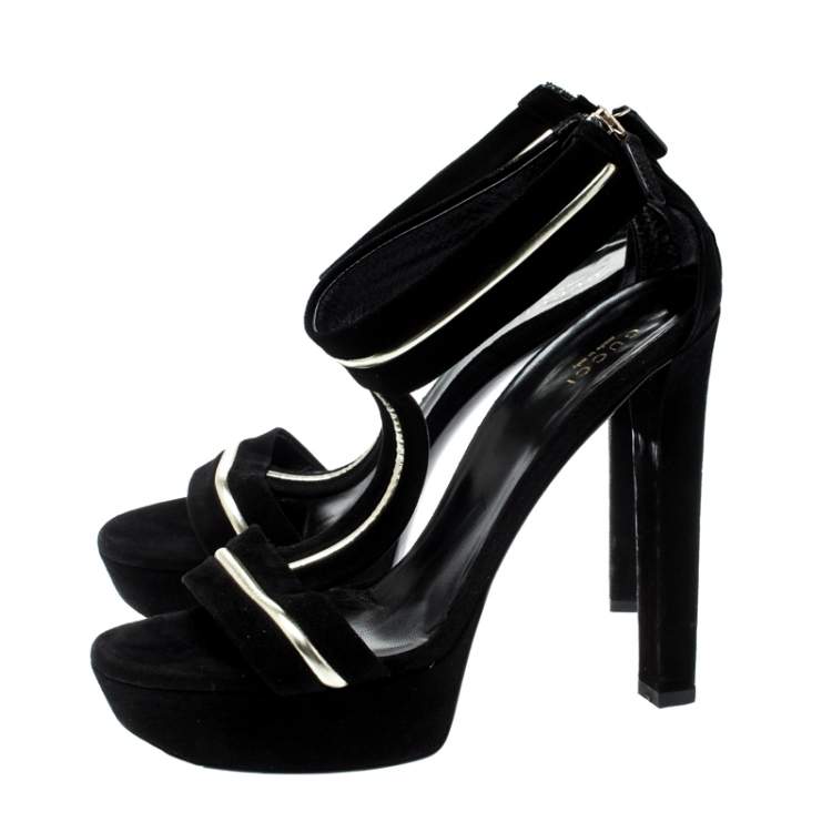 Pre Owned Gucci Black Suede And Leather T-Strap Platform Sandals Size 38.5