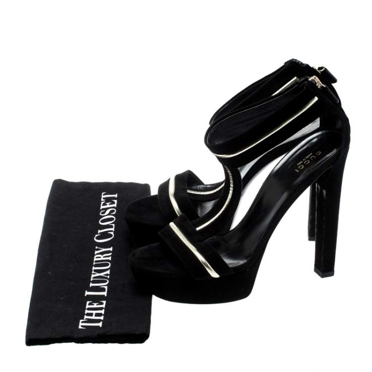 Pre Owned Gucci Black Suede And Leather T-Strap Platform Sandals Size 38.5
