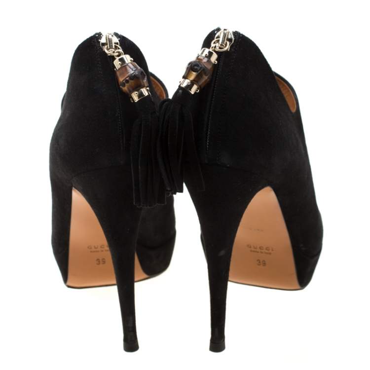 Pre Owned Gucci Black Suede Bamboo Tassel Platform Booties Size 39