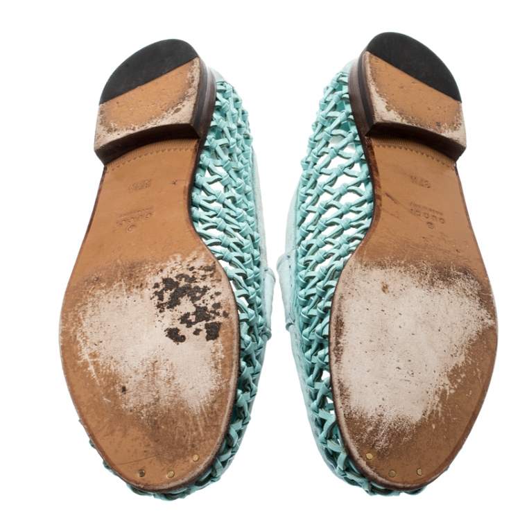 Pre Owned Gucci Blue Woven Leather Horsebit Slip On Loafers Size 37.5