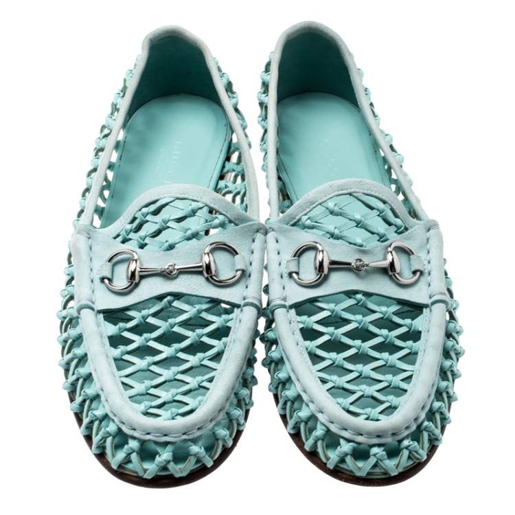 Pre Owned Gucci Blue Woven Leather Horsebit Slip On Loafers Size 37.5