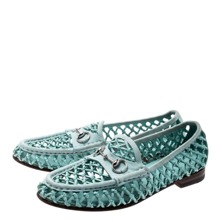 Pre Owned Gucci Blue Woven Leather Horsebit Slip On Loafers Size 37.5