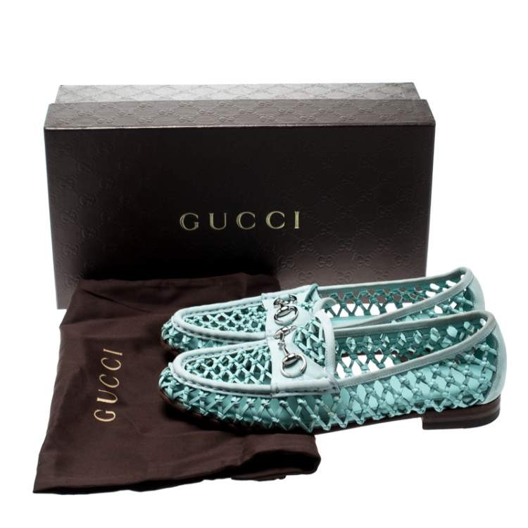Pre Owned Gucci Blue Woven Leather Horsebit Slip On Loafers Size 37.5