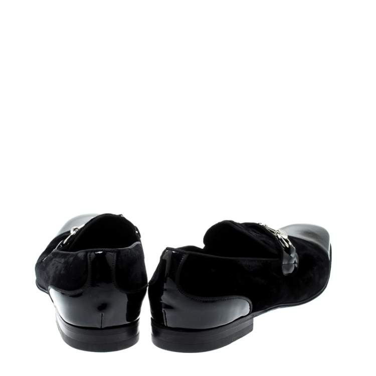 Pre Owned Gucci Black Patent Leather And Velvet Horsebit Loafers 40.5