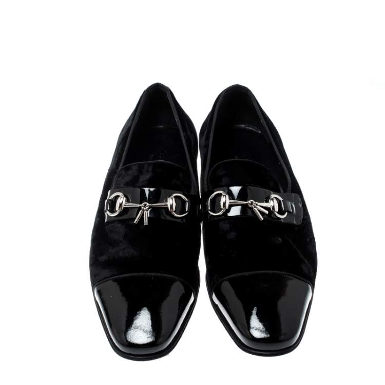 Pre Owned Gucci Black Patent Leather And Velvet Horsebit Loafers 40.5