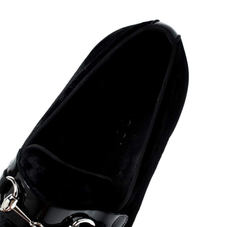 Pre Owned Gucci Black Patent Leather And Velvet Horsebit Loafers 40.5