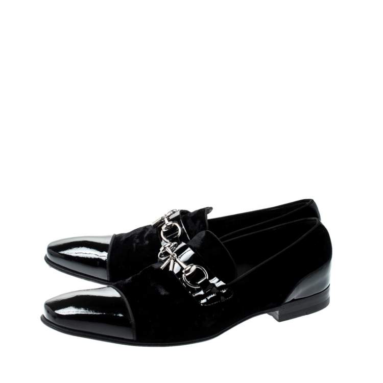 Pre Owned Gucci Black Patent Leather And Velvet Horsebit Loafers 40.5