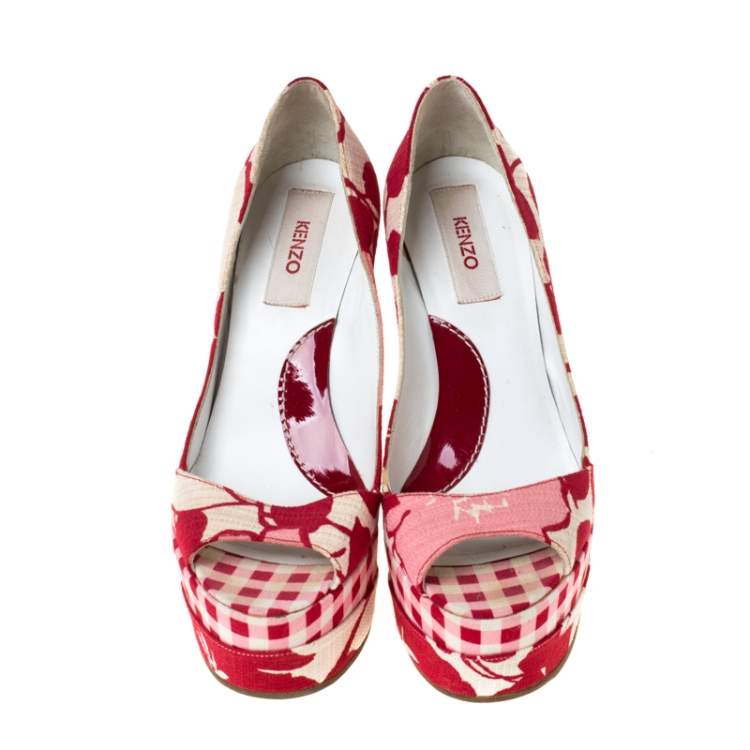 Pre Owned Kenzo Red/White Printed Canvas Peep Toe Checkered Wedge Pumps Size 36