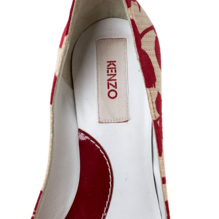 Pre Owned Kenzo Red/White Printed Canvas Peep Toe Checkered Wedge Pumps Size 36