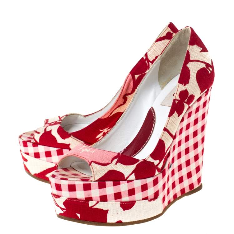 Pre Owned Kenzo Red/White Printed Canvas Peep Toe Checkered Wedge Pumps Size 36